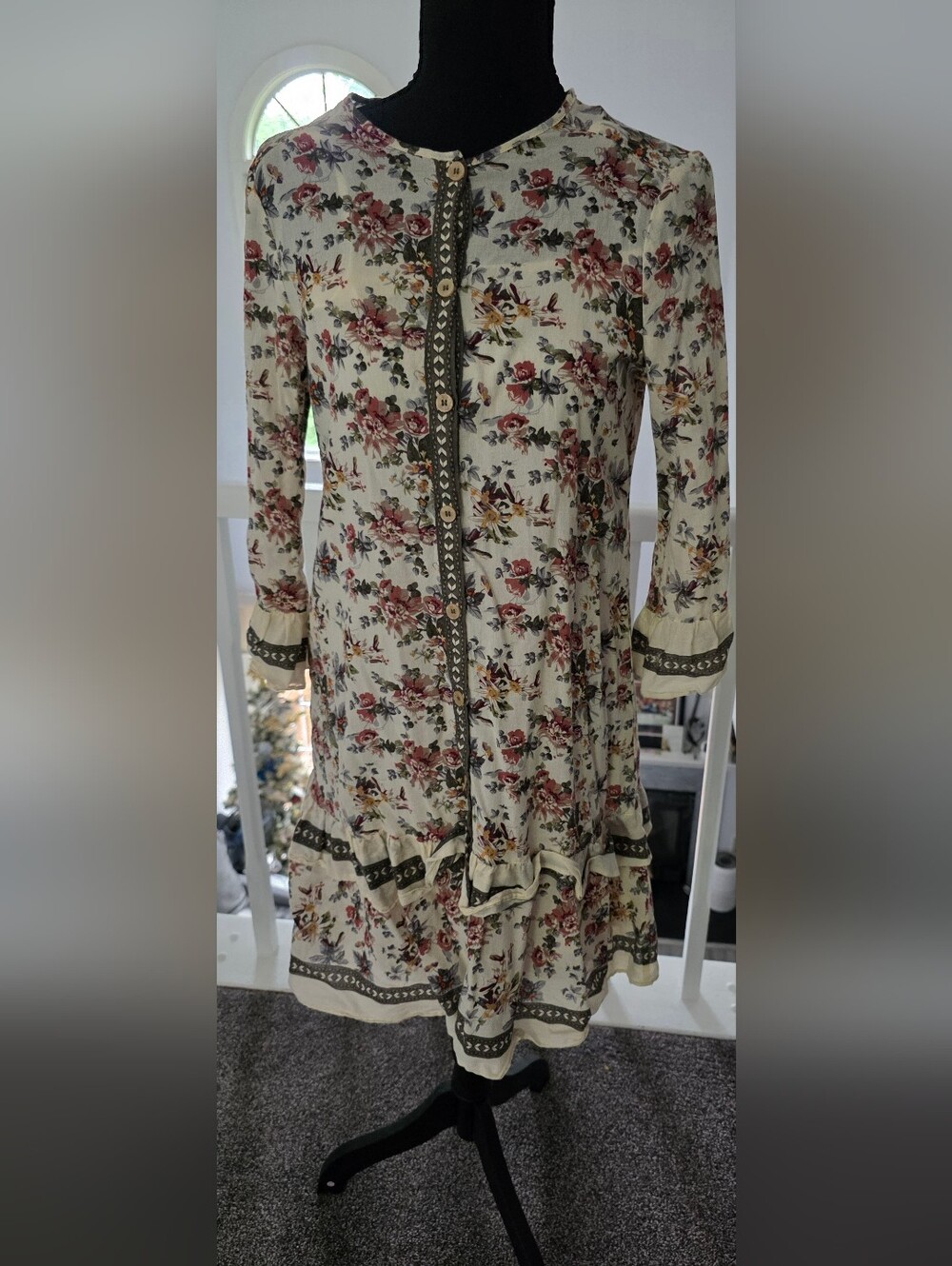 Max Studio Cream Floral Button-Front Dress with Olive Trim